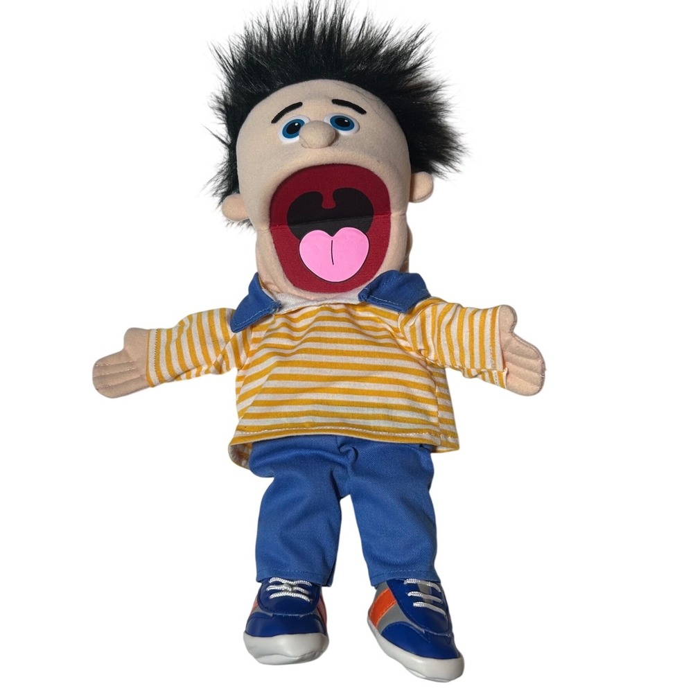 Silly Puppets Boy Hand Puppet Yellow Striped Shirt Blue Pants Spiky Hair 14 Inch